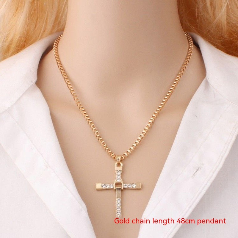 Cross-shape Necklace With Rhinestones Jewelry Men And Women